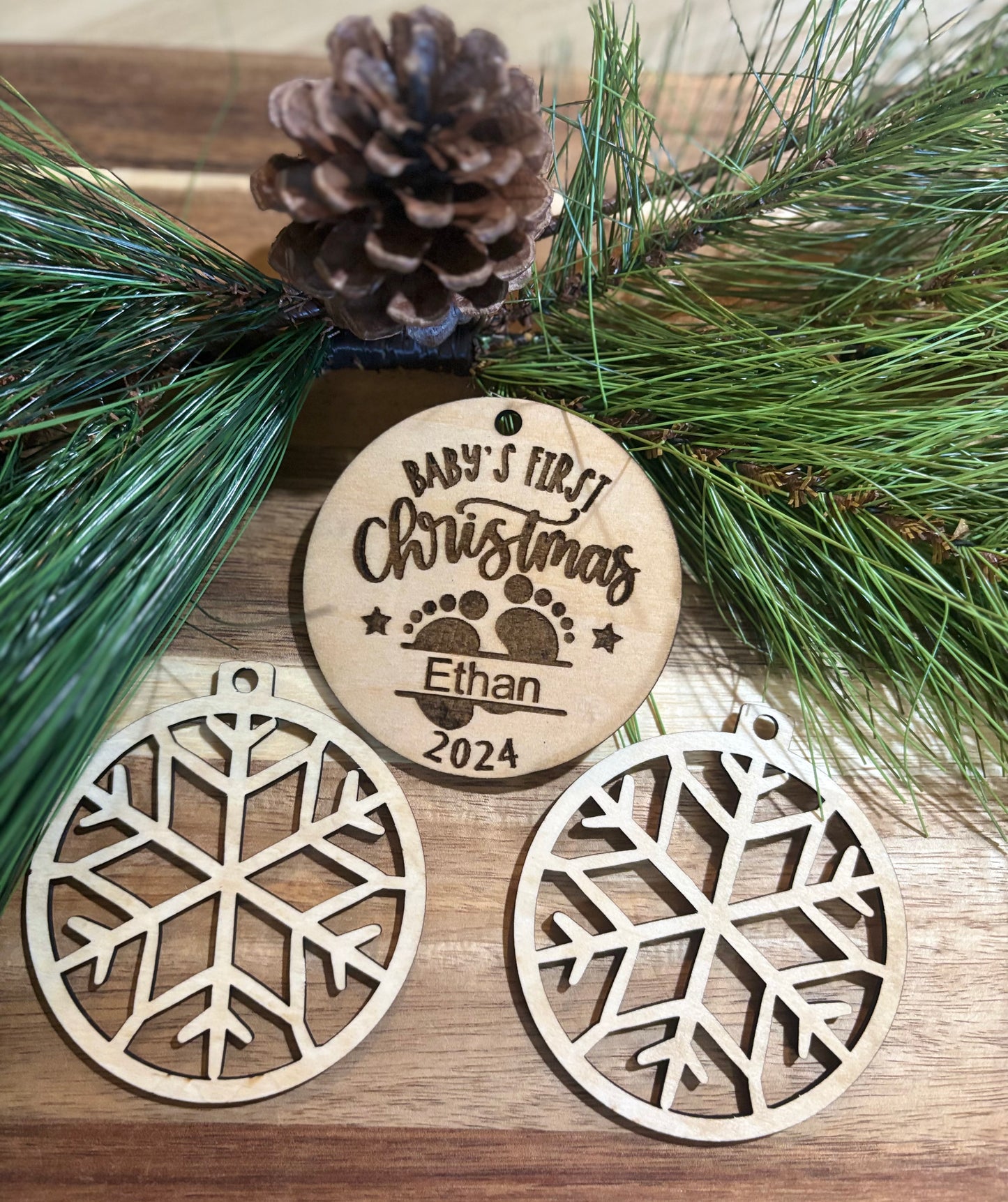 Personalized Wooden Laser Engraved Baby's First Christmas Ornament - JCV Boutique & Designs