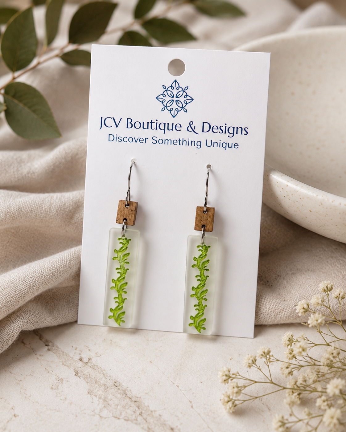 Botanical Wood & Floating Green Vine Acrylic Dangle Earrings