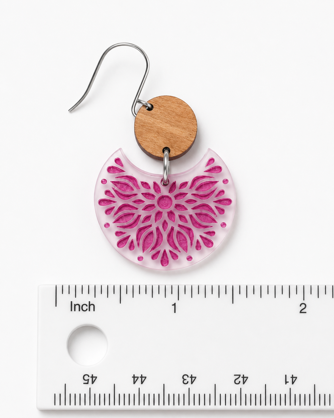 Wood & Magenta Floral Mandala Crescent Acrylic Dangle Earrings
