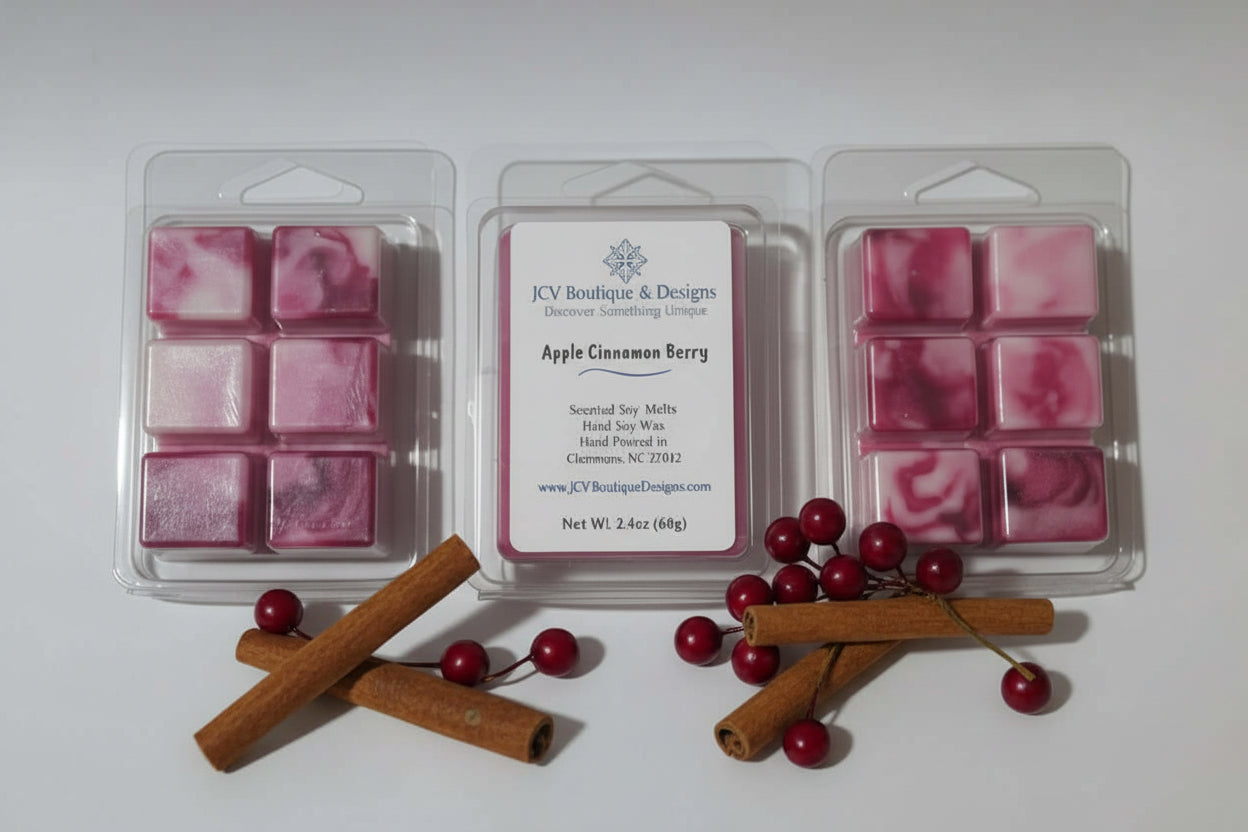 Apple Cinnamon Berry Soy Wax Melt packaging with pink wax cubes and cinnamon sticks.