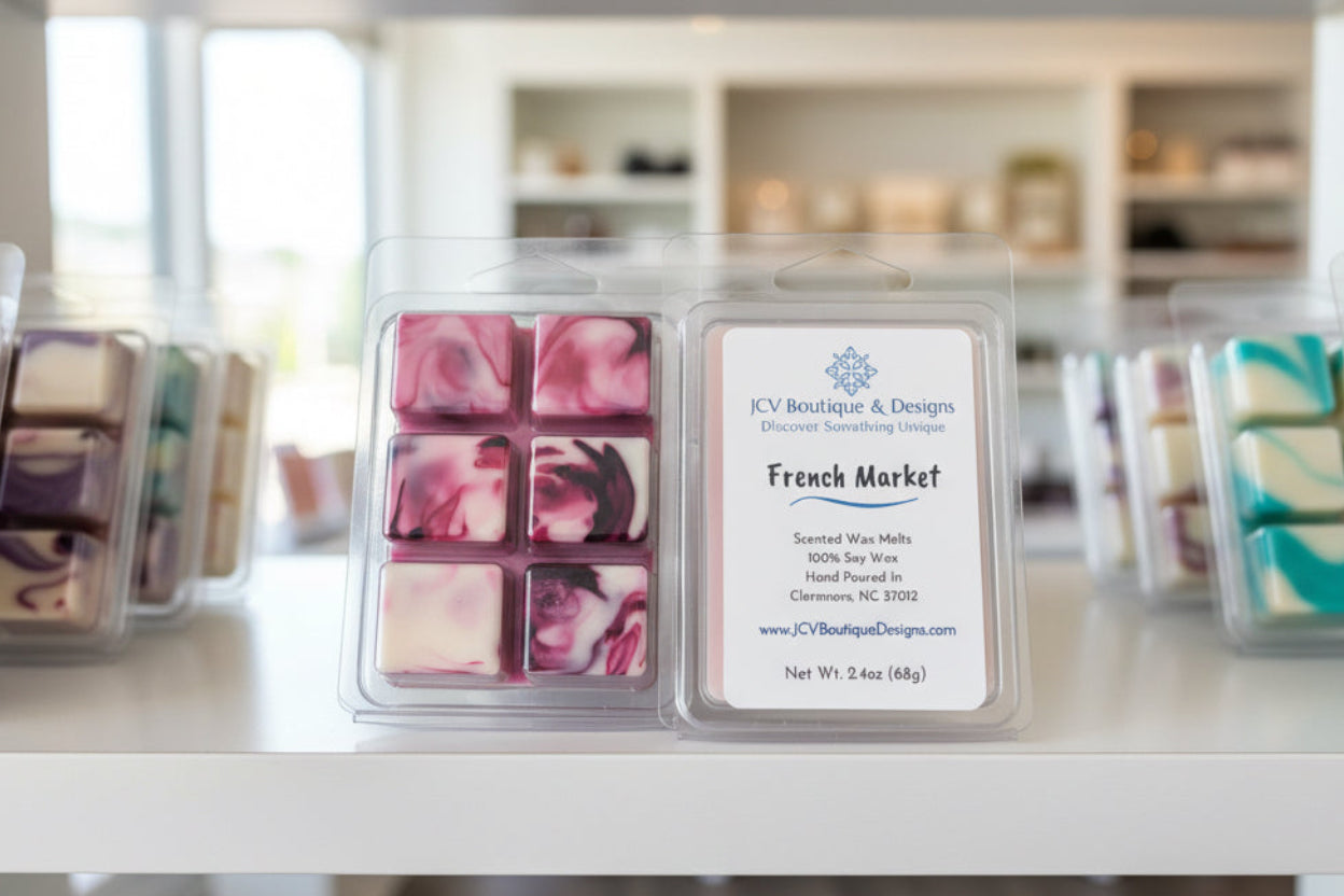 Packaged wax melts with a visible brand label on a white surface.