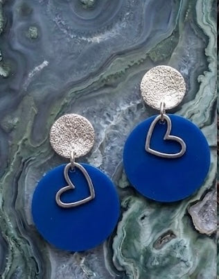 Cobalt Heart & Textured Silver Drop Earrings