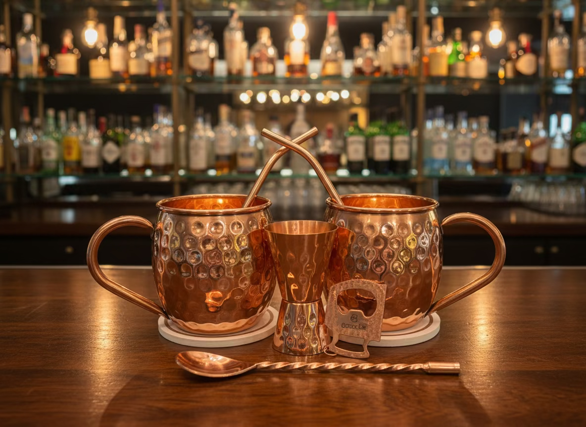 Three copper mugs with handles on a bar counter, surrounded by bottles.