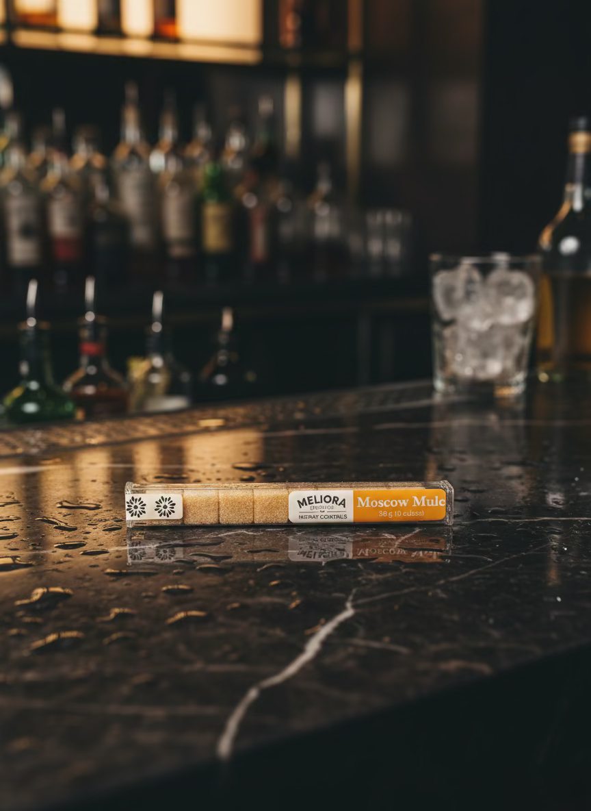 Packaged Melior Moscow Mule instant cocktail mix on a dark surface