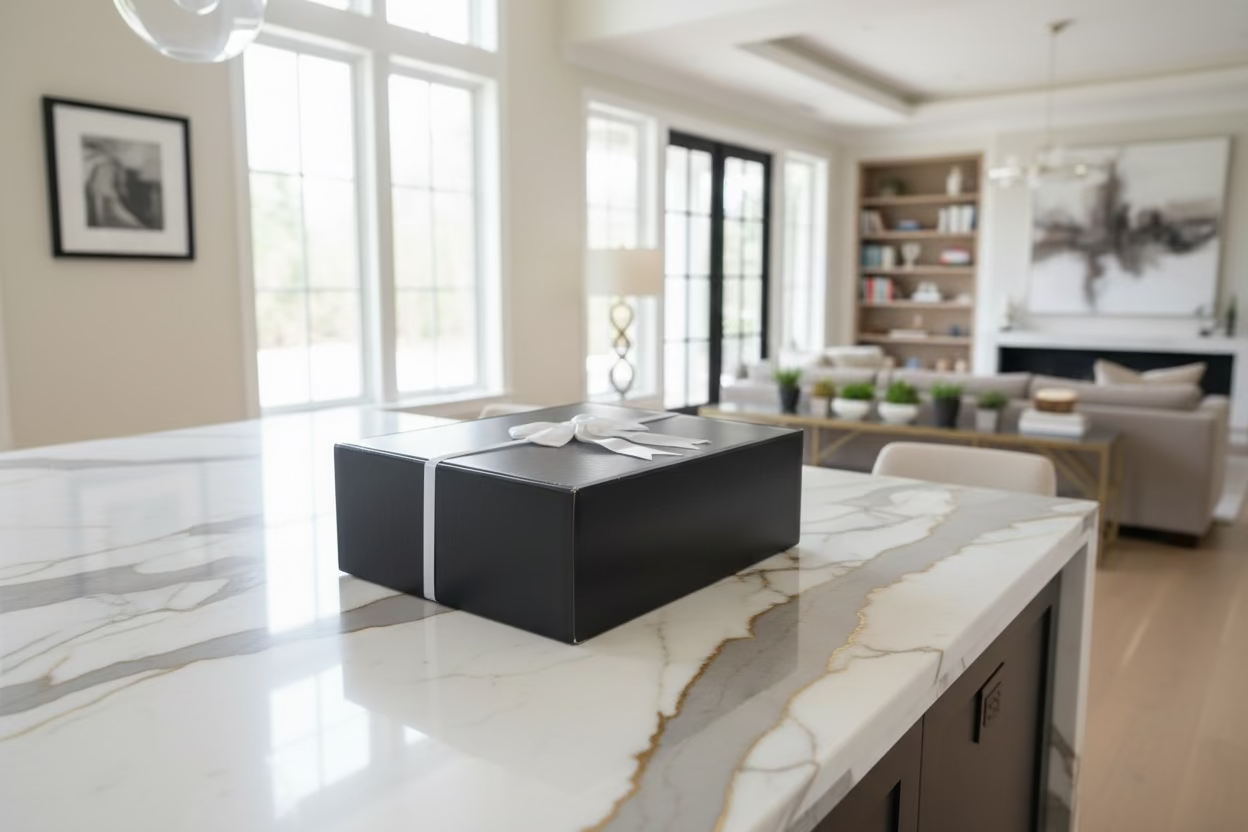 Small Old Fashion Gift Box Lemon Drop Shot Glass Cocktail Gift Box Black gift box with a white ribbon on a marble surface