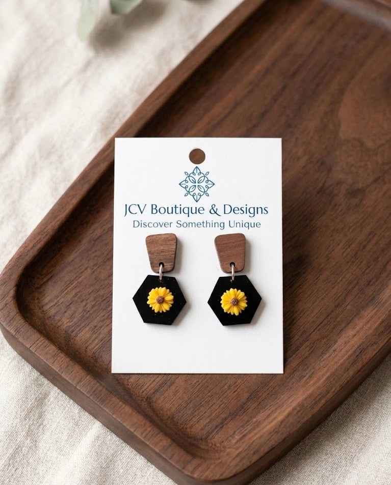 Modern Wood & Black Hexagon Sunflower Dangle Earrings