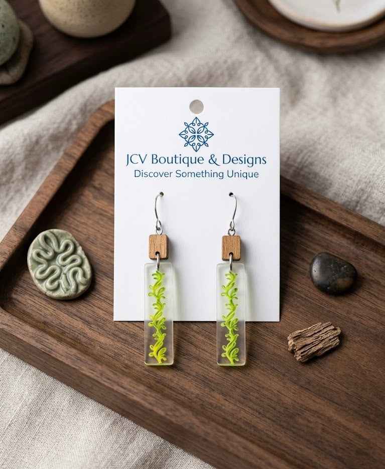 Botanical Wood & Floating Green Vine Acrylic Dangle Earrings