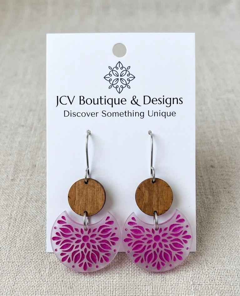 Wood & Magenta Floral Mandala Crescent Acrylic Dangle Earrings