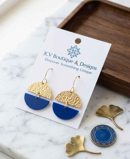 Hammered Gold & Cobalt Blue Crescent Dangle Earrings
