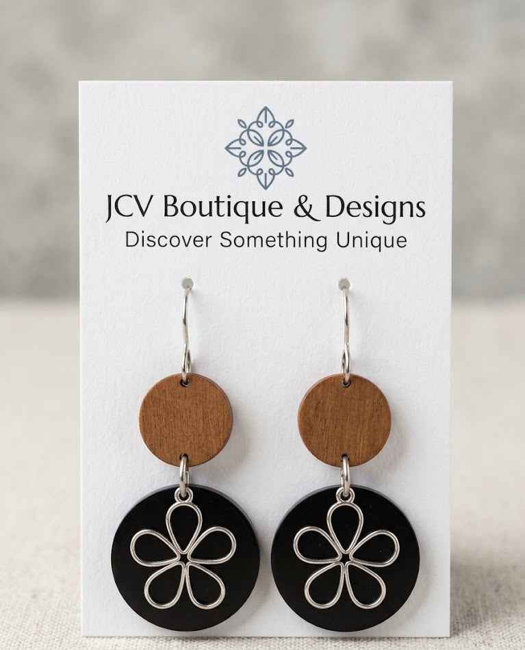 Modern Wood & Black Disc Silver Retro Flower Dangle Earrings