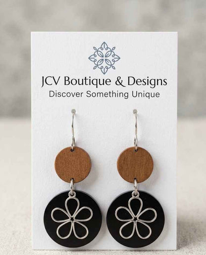 Modern Wood & Black Disc Silver Retro Flower Dangle Earrings