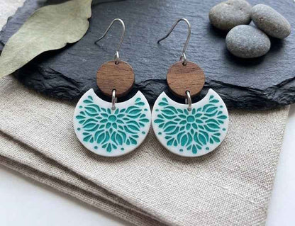 Artisan Wood & Teal Floral Mandala Crescent Dangle Earrings