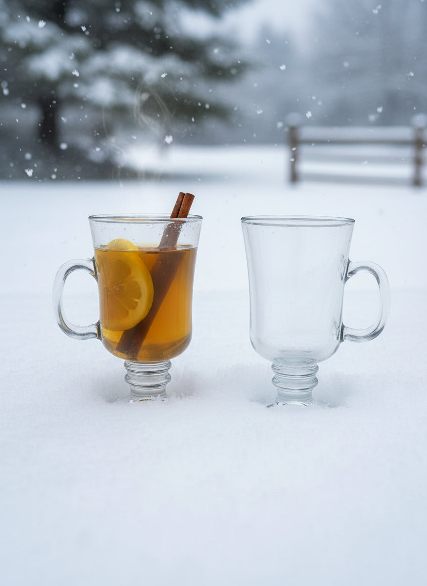Two glass mugs with hot toddy and garnishes on a snowy background
