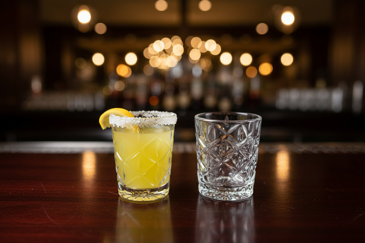 Lemon Drop Shot Glass Cocktail Gift Box Two crystal glasses on a reflective black surface