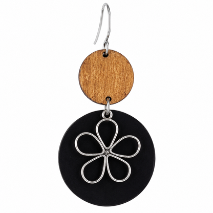 Modern Wood & Black Disc Silver Retro Flower Dangle Earrings
