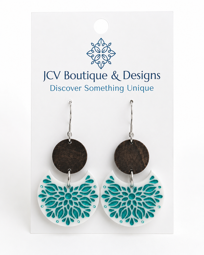 Artisan Wood & Teal Floral Mandala Crescent Dangle Earrings