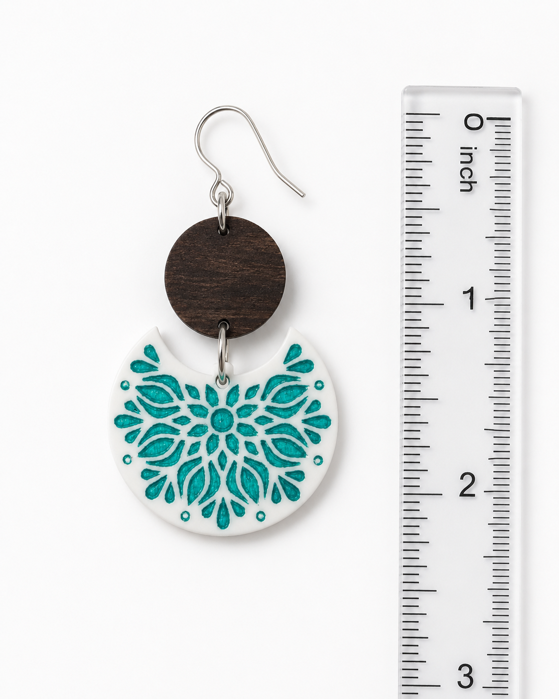 Artisan Wood & Teal Floral Mandala Crescent Dangle Earrings