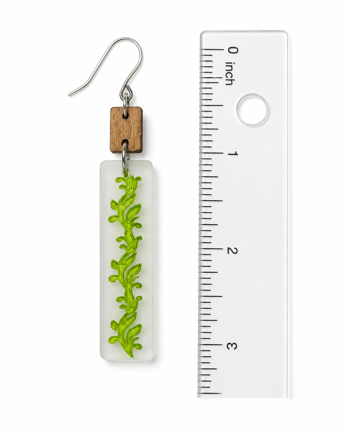 Botanical Wood & Floating Green Vine Acrylic Dangle Earrings