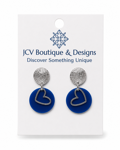 Cobalt Heart & Textured Silver Drop Earrings