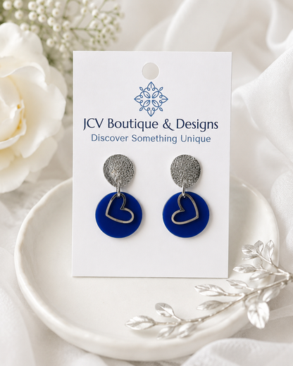 Cobalt Heart & Textured Silver Drop Earrings