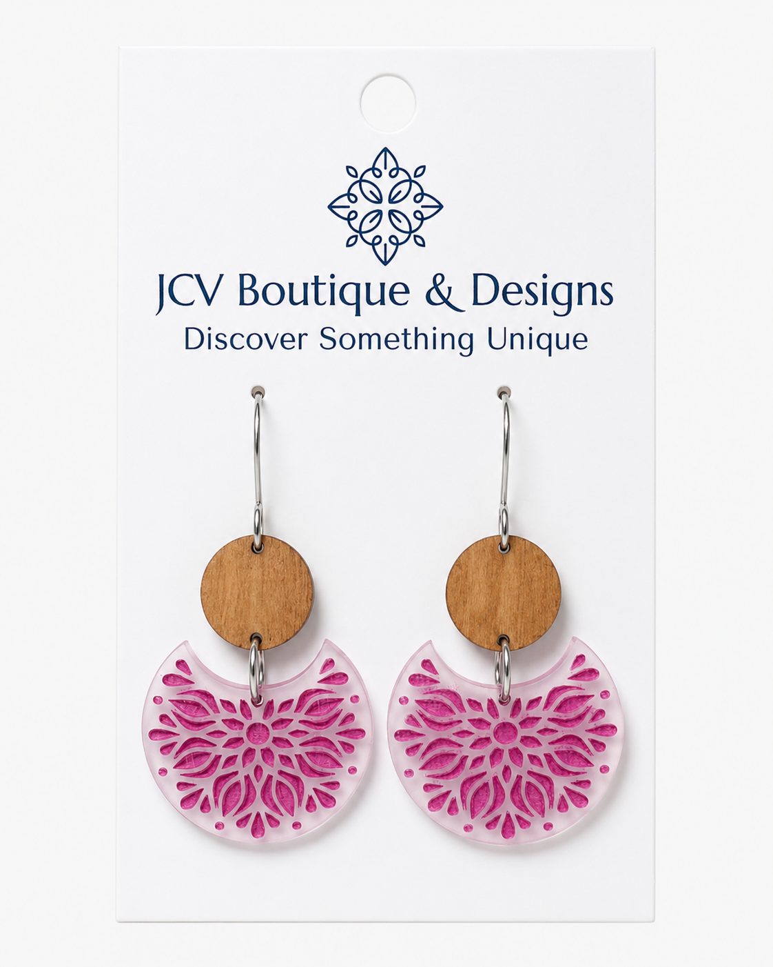 Wood & Magenta Floral Mandala Crescent Acrylic Dangle Earrings