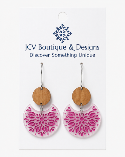 Wood & Magenta Floral Mandala Crescent Acrylic Dangle Earrings