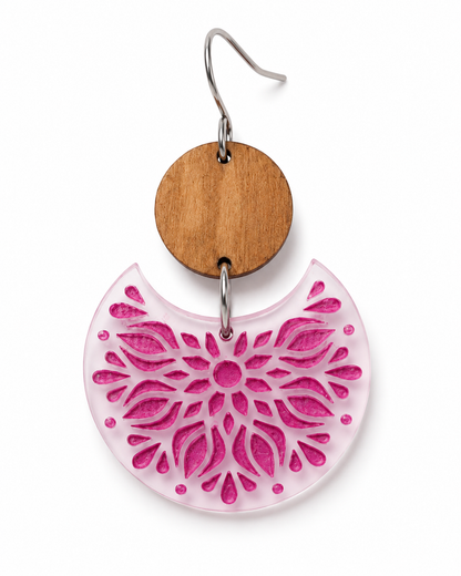 Wood & Magenta Floral Mandala Crescent Acrylic Dangle Earrings