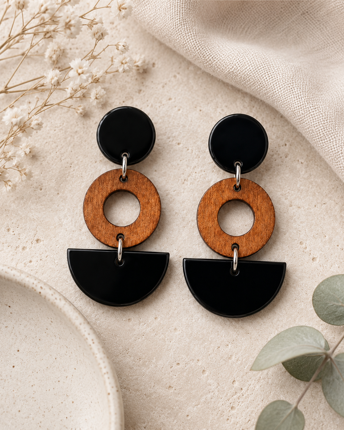 Geometric Wood & Matte Black Tiered Drop Earrings