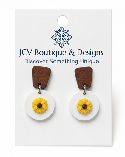 Modern Wood & White Disc Sunflower Dangle Earrings