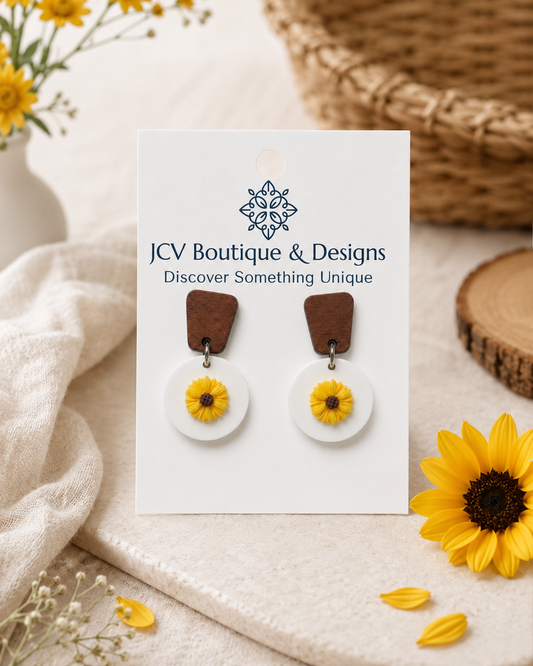 Modern Wood & White Disc Sunflower Dangle Earrings
