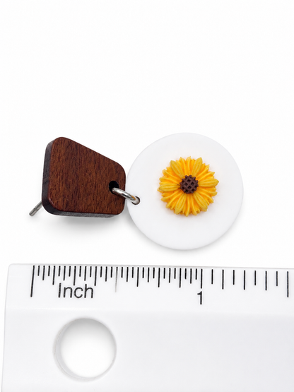 Modern Wood & White Disc Sunflower Dangle Earrings