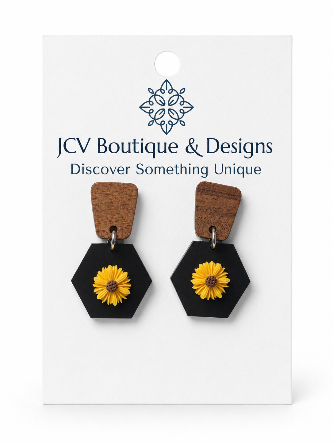 Modern Wood & Black Hexagon Sunflower Dangle Earrings