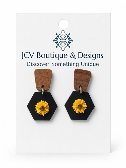 Modern Wood & Black Hexagon Sunflower Dangle Earrings