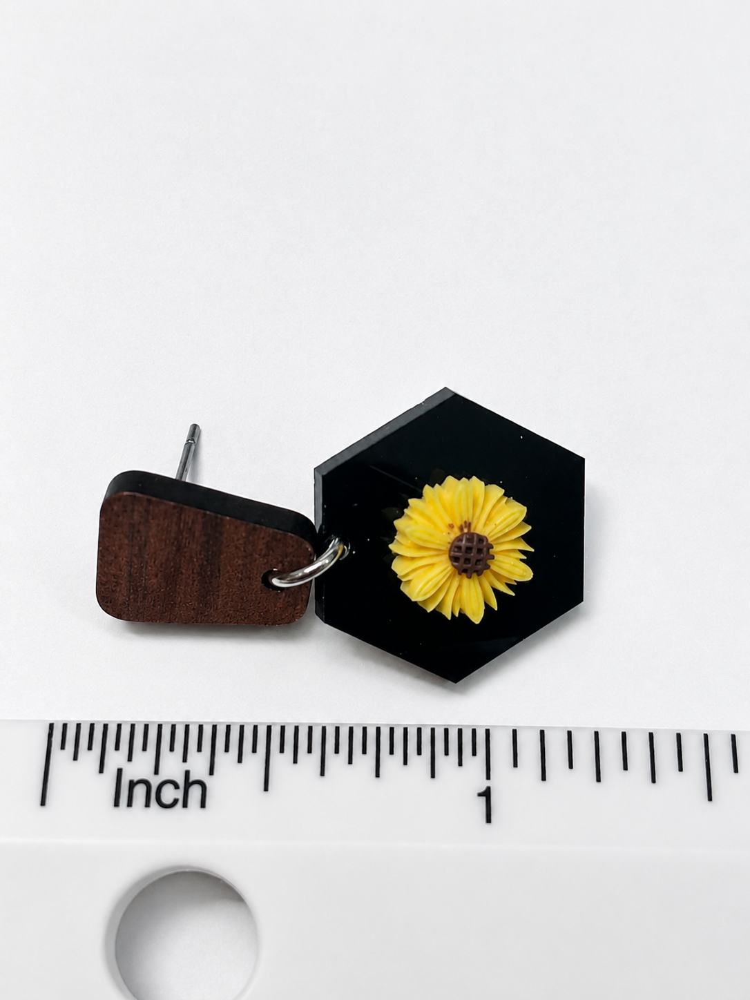 Modern Wood & Black Hexagon Sunflower Dangle Earrings