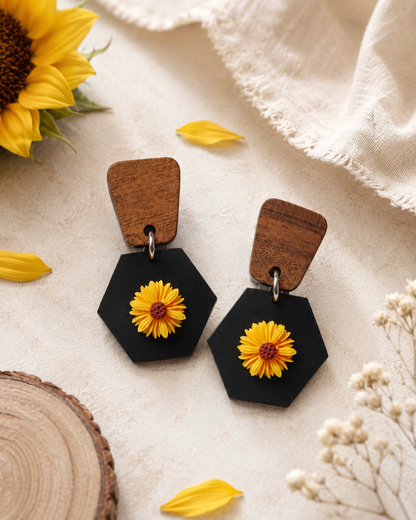 Modern Wood & Black Hexagon Sunflower Dangle Earrings