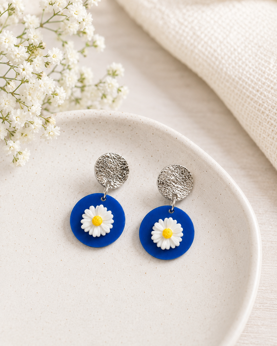 Blue Daisy Laser-Cut Acrylic Dangle Post Earrings