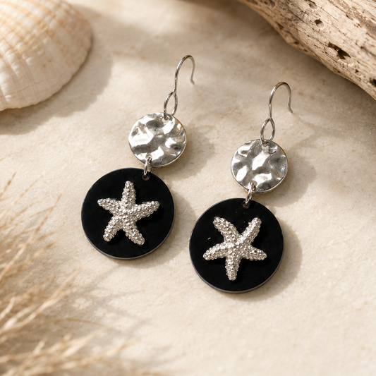 Silver Starfish Black Acrylic Dangle Earrings