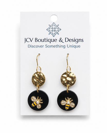 Golden Honeybee Black Acrylic Dangle Earrings