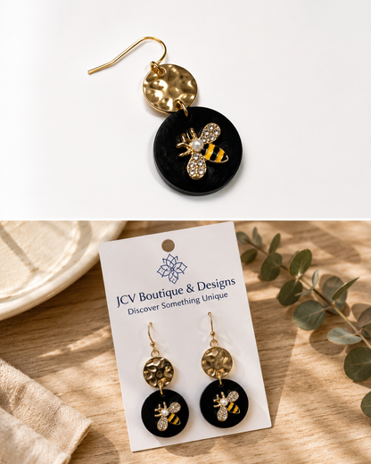 Golden Honeybee Black Acrylic Dangle Earrings