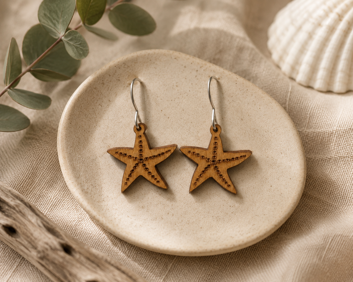 Wooden Starfish Dangle Earrings