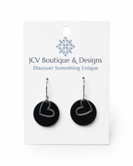 Black Acrylic Silver Heart Dangle Earrings