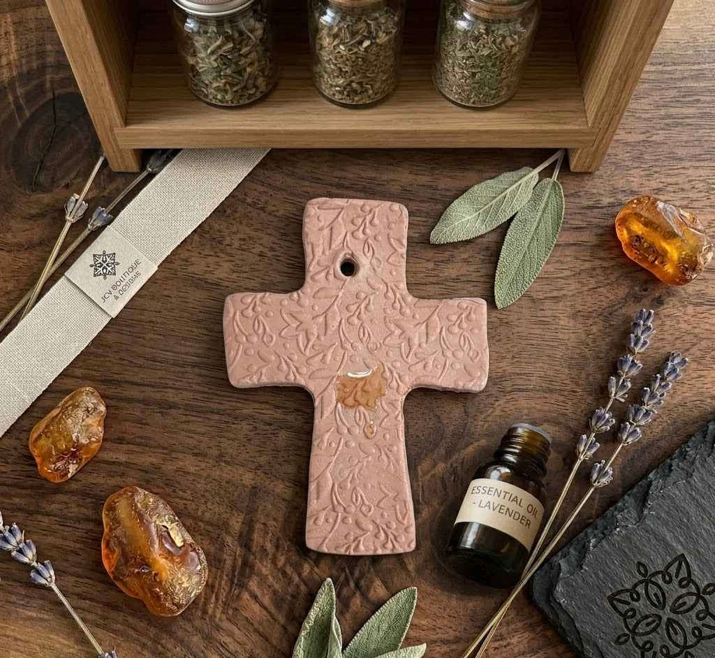 Decorative cross on a wooden surface with herbs and essential oils