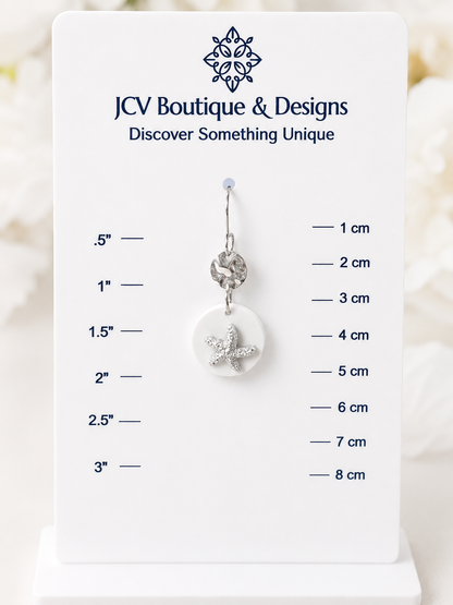 White Starfish & Hammered Disc Coastal Dangle Earrings