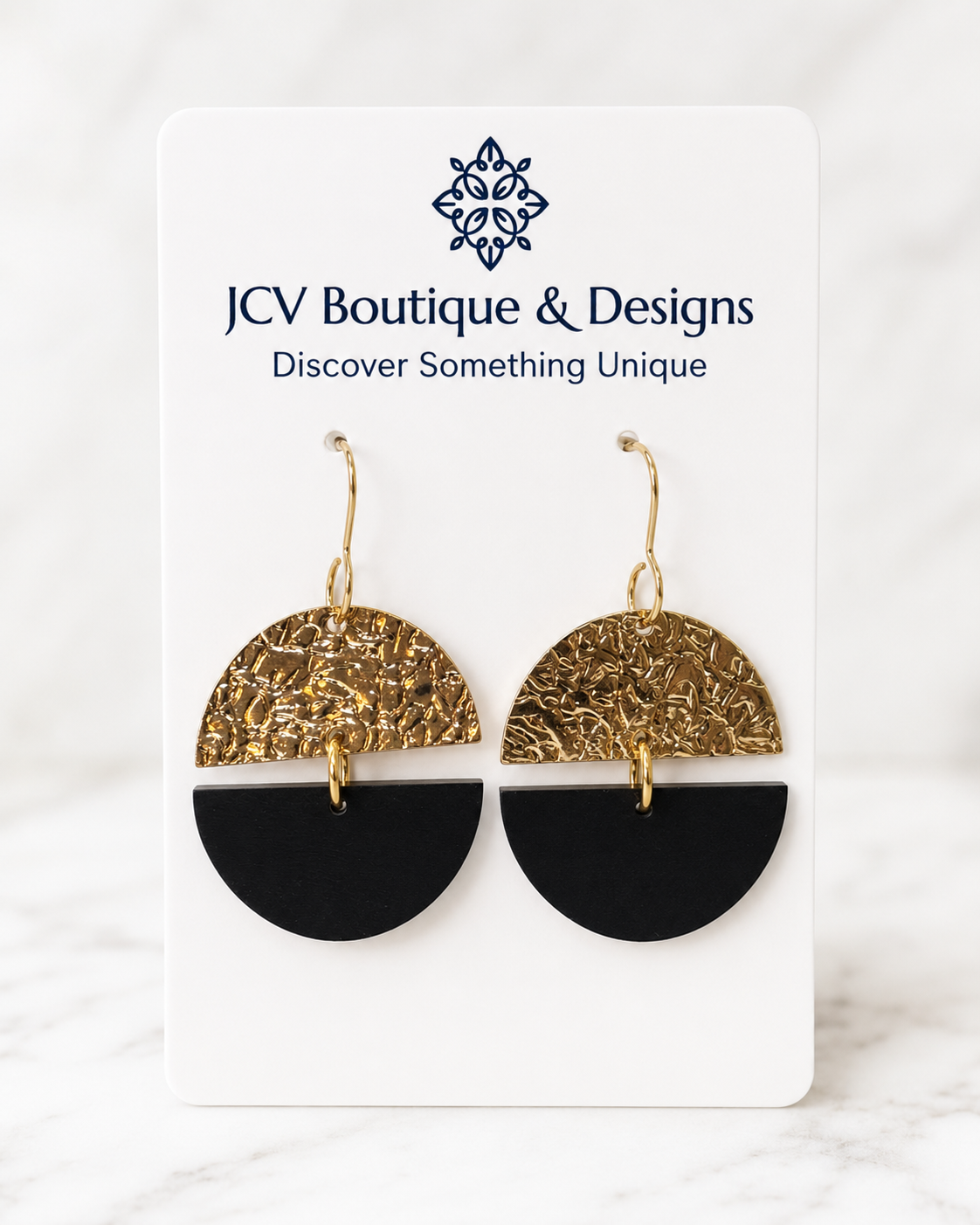 Black & Textured Gold Semicircle Geometric Dangle Earrings
