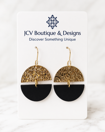 Black & Textured Gold Semicircle Geometric Dangle Earrings