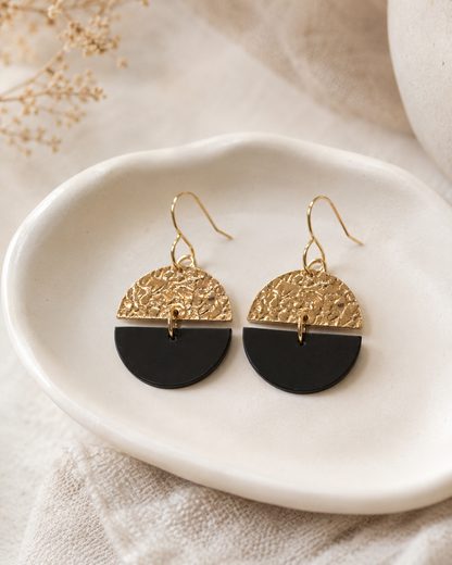 Black & Textured Gold Semicircle Geometric Dangle Earrings