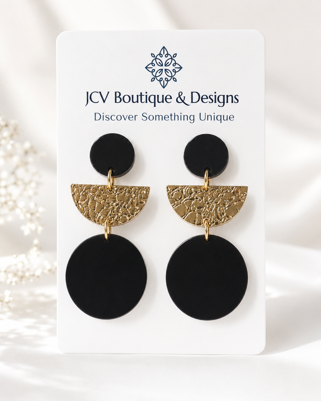 Black Geometric & Textured Gold Tiered Dangle Earrings