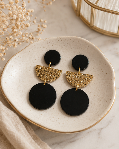 Black Geometric & Textured Gold Tiered Dangle Earrings