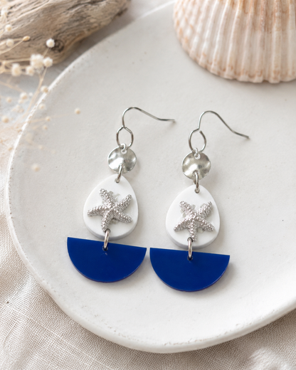 Royal Blue Starfish Coastal Tiered Dangle Earrings