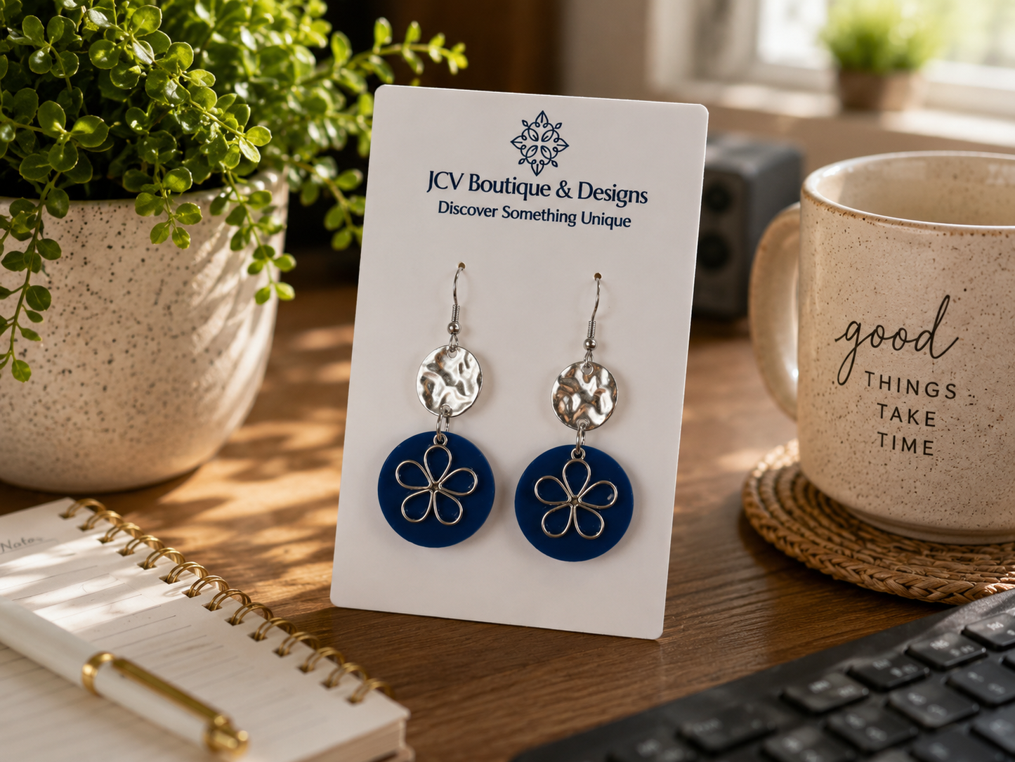 Royal Blue Floral & Hammered Disc Dangle Earrings